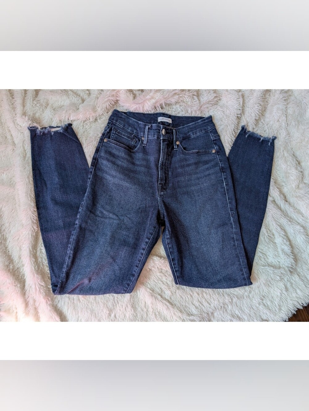 Good American Stretch Dark Indigo High Rise Raw Hem Denim Jeans Size 6/28